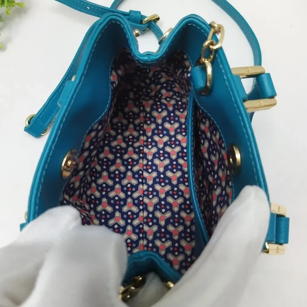 Tory Burch Robinson Blue Leather Doubled Handles Mini Tote Crossbody Bag